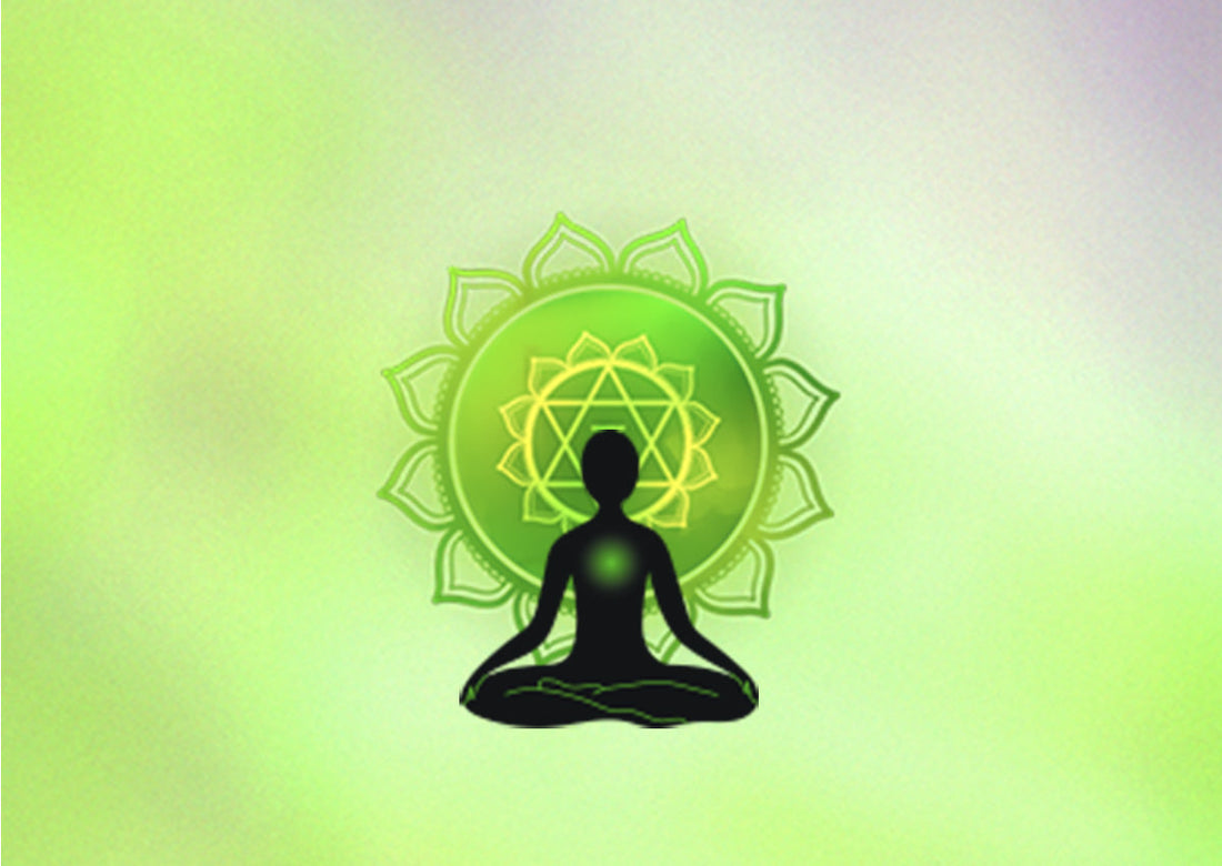 A silhouette of a meditating person with a glowing heart, surrounded by a green chakra symbol against a soft, gradient background.