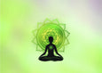 A silhouette of a meditating person with a glowing heart, surrounded by a green chakra symbol against a soft, gradient background.