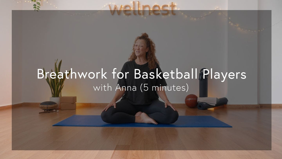 A person sits cross-legged on a yoga mat in a serene room, surrounded by plants and fitness equipment, promoting wellness and tranquility.